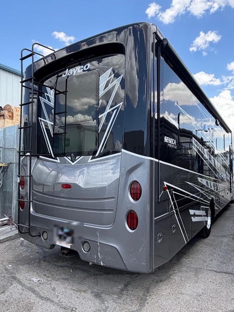 Completed 2026 Jayco Seneca Prestige 37M motorhome after rear fiberglass repair at The Spray Gun Autobody