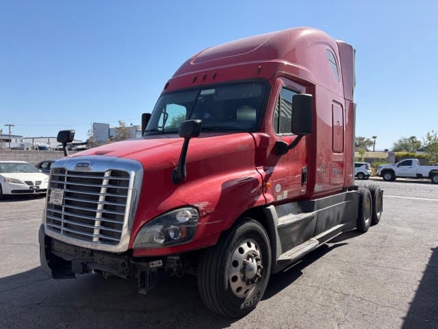 2017 Freightliner Cascadia with front-end collision damage to the hood, bumper and headlight before repair in Las Vegas