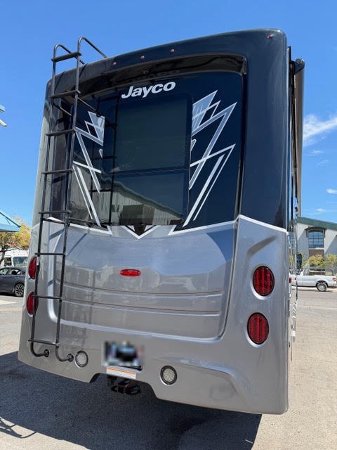 Rear of the finished 2026 Jayco Seneca Prestige 37M motorhome after fiberglass repair in Las Vegas