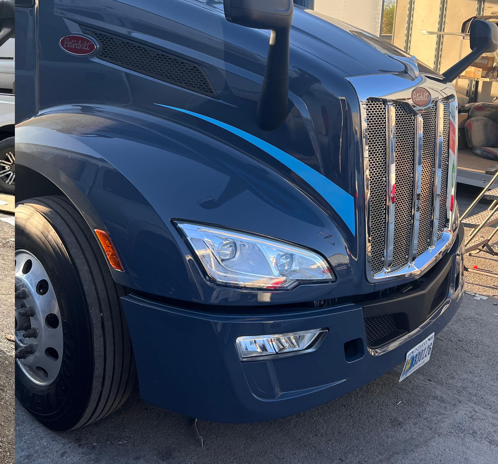 Peterbilt semi-truck after front-end collision repair and respray at Spray Gun Autobody Las Vegas